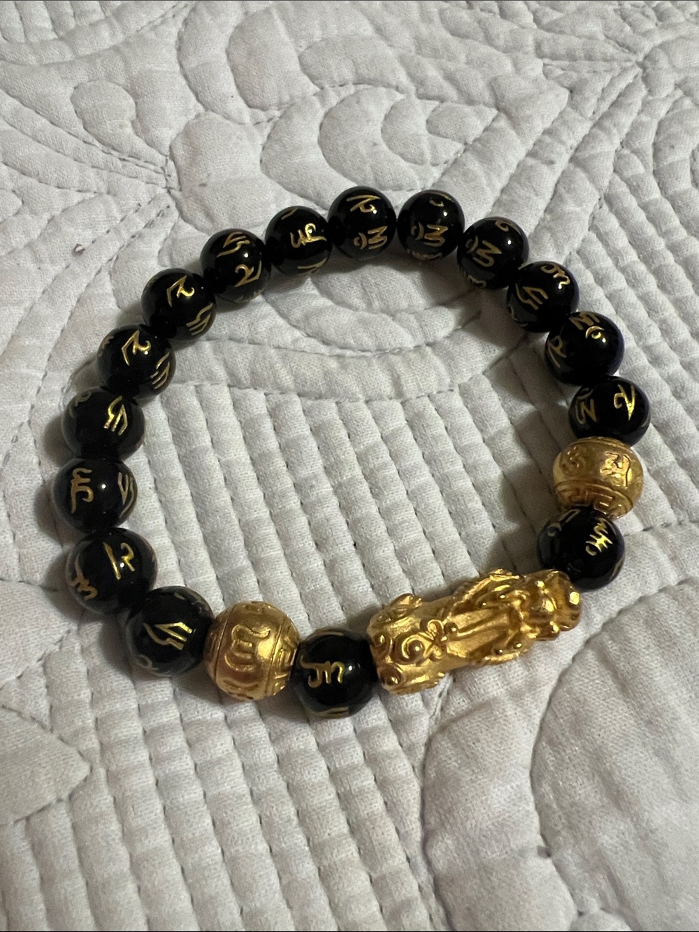 Black and Gold Beaded Bracelet with Good Luck Dragon Gold Charm